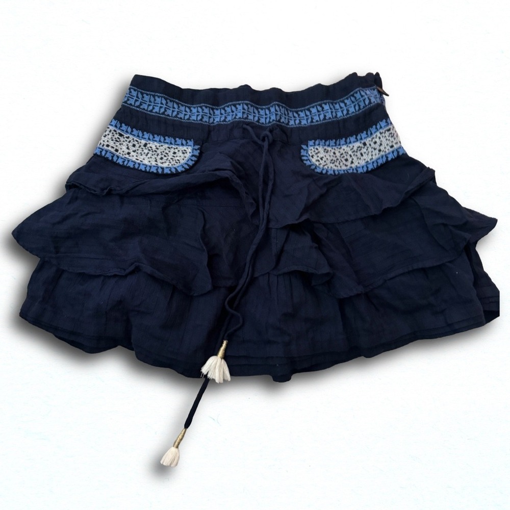 Juicy Couture Y2K Navy Blue Tiered Ruffle Mini Skirt Boho Embroidered Tassels 4